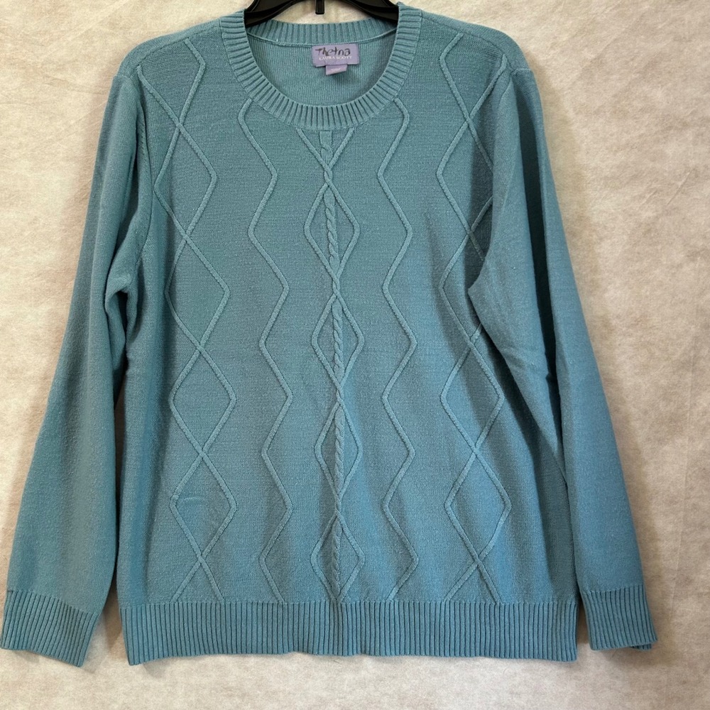 Laura Scott Teal Blue Cable Diamond Knit Crew Neck Sweater XL F7 RN15099